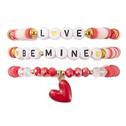 3Pcs 3 Style Polymer Clay Heishi Surfer Stretch Bracelets Set, Word & Heart Brass Charms Stackable Bracelets for Valentine's Day, Red, Inner Diameter: 2-1/8 inch(5.5cm), 1Pc/style