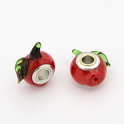 Handmade Lampwork Large Hole Rondelle European Beads, with Platinum Brass Double Cores, Apple, Red, 21x17x11mm, Hole: 5mm