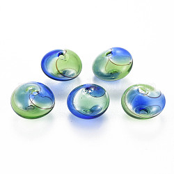Cuentas de globo de vidrio soplado hechas a mano transparentes, patrón de la raya, plano y redondo, verde claro, 15~16x10~11mm, agujero: 1 mm