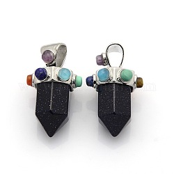 Chakra Jewelry, Synthetic Blue Goldstone Bullet Pointed Pendants with Platinum Plated Brass Gemstone Findings, 30~35.5x21mm, Hole: 8x5mm