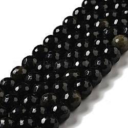 Chapelets de perles en obsidienne dorée naturelle, ronde, facette, 10mm, Trou: 1.2~1.4mm, Environ 37~38 pcs/chapelet, 14.25''~14.76'' (36.2~37.5 cm)