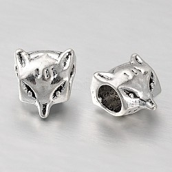 Fox Head Alloy European Beads, Large Hole Beads, Antique Silver, 10x9x7mm, Hole: 4mm