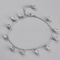 Brass Bell Charm Anklets, with Cable Chains and Lobster Claw Clasps, Platinum, 8-1/8 inch(20.7cm)