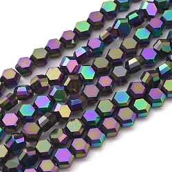 Abalorios de vidrio electroplate hebras, lleno chapado, facetados, hexágono, multi-color de chapado, 6x7x4mm, agujero: 1.2 mm, aproximamente 100 pcs / cadena, 20.87 pulgada (53 cm)