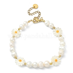 Bracelets en perles naturelles et coquillages pour femmes, fleurs, avec accessoire en 304 acier inoxydable, or, 7-7/8 pouce (20 cm)