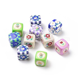 Perles acryliques imprimées, cube avec motif fleur & tartan, Modèles mixtes, 14~14.5x14~14.5x14~14.5mm, Trou: 4mm