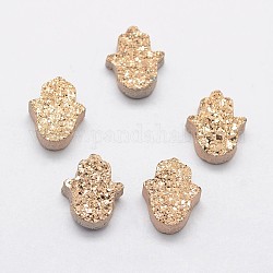 Hamsa main druzy perles de cristal, galvaniser perles de cristal de Druzy naturelle, lumière dorée plaqué, 13x10.5x4.5~5mm, Trou: 1mm