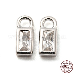 Real Platinum Plated Rhodium Plated 925 Sterling Silver Charms, with Clear Cubic Zirconia, with S925 Stamp, Rectangle, 6x2.5x2mm, Hole: 1.2mm