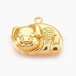 Ciondoli simbolo cinese in ottone, portafortuna con caratteri cinesi, oro, 15x19.5x5mm, Foro: 1.6 mm