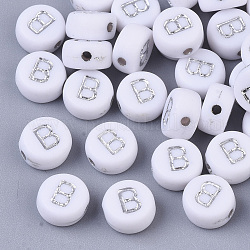 Plating Acrylic Beads, Silver Metal Enlaced, Horizontal Hole, Flat Round with Letter, White, Letter.B, 7x4mm, Hole: 1.2mm, about 3600pcs/500g.
