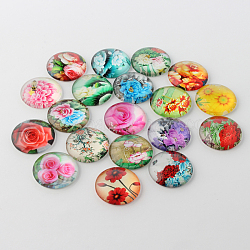 Fleurs imprimés cabochons de verre, demi-rond / dôme, couleur mixte, 20x6mm
