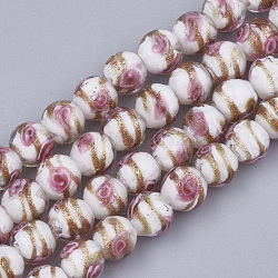 Perles vernissées de sable d'or manuelles , fleur intérieure, ronde, blanc, 8~8.5x7~8mm, Trou: 1.5~2mm