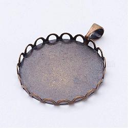 Brass Pendant Cabochon Settings, Lace Edge Bezel Cups, Flat Round, Antique Bronze, Tray: 25mm, 33x26x3mm, Hole: 3.5x5mm