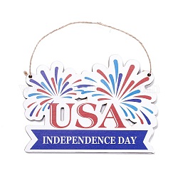 Independence Day Density Board Wooden Wall Ornament Doorplate Pendants, Fireworks & Word USA with Jute Twine, for Home Garden Hanging Decoration, Medium Blue, 126x170x4mm, Hole: 4mm