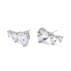 Heart Clear Cubic Zirconia Stud Earrings for Her, Cadmium Free & Lead Free, Platinum, 17x10.5x6mm, Pin: 0.7mm