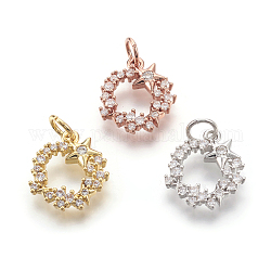 Brass Micro Pave Cubic Zirconia Charms, Lead Free & Cadmium Free & Nickel Free, Ring with Star, Hollow, Mixed Color, 12x14x2mm, Hole: 3mm