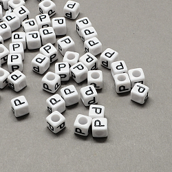 Perline europee di grandi dimensioni in acrilico, foro orizzontale, bianco & nero, cubo con letter.p, 10x10x10mm, Foro: 4 mm, circa 564pcs/500g