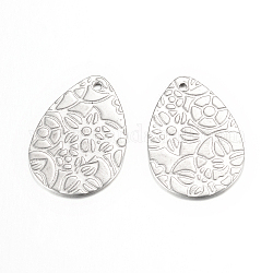 201 Stainless Steel Pendants, Textured, teardrop, with Floral Pattern , Stainless Steel Color, 24x16x0.8mm, Hole: 1mm