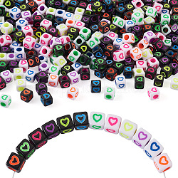 1200 Stück 12 Farben undurchsichtige europäische Acrylperlen, Großloch perlen, Würfel mit Herz, Mischfarbe, 7x7x7 mm, Bohrung: 4 mm, 100 Stk. je Farbe
