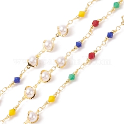 CCB Plastic Pearl & Glass Bicone Beaded Chains, with Real 18K Gold Plated Brass Findings, Soldered, with Spools, Cadmium Free & Lead Free, Colorful, 12.5x8x6mm, 16.5x4mm