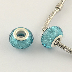 Large Hole Acrylic European Beads, with Silver Tone Brass Double Cores, Faceted Rondelle, Sky Blue, 14x9mm, Hole: 5mm