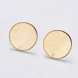 Brass Stud Earring Findings, with Flat Plate, with Stainless Steel Pins, Nickel Free, Flat Round, Real 18K Gold Plated, 15mm, Hole: 1.2mm, Pin: 0.8mm