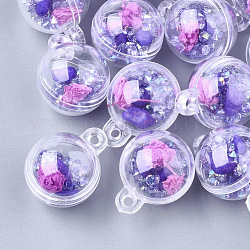 Pendentifs de boule en plastique, avec fleurs séchées & strass & turquoise synthétique, ronde, bleu violet, 25.5x20x20mm, Trou: 2mm