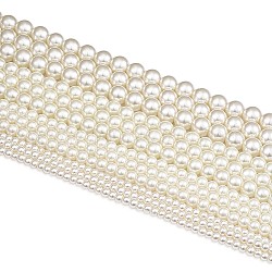 I branelli di perle di vetro allinea i set di filamenti, tondo, perlato, bianco crema, 4~10mm, Foro: 1 mm, 85~216 pcs / Filo, 32 pollice, 20strands / set