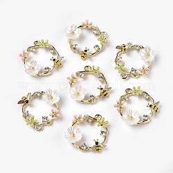 Pendente smaltati in lega, con acrilico e strass, anello con fiore e ape, oro chiaro, colorato, 20x21x5mm, Foro: 1.6 mm