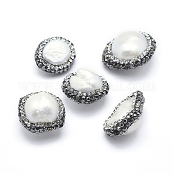 Natural Cultured Freshwater Pearl Beads, with Polymer Clay Rhinestone, Flat Round, White, 17~22x16~19x9~13mm, Hole: 0.8mm