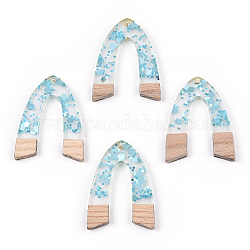 Transparent Resin & White Wood Pendants, Arch Shape Charms with Paillettes, Light Sky Blue, 38x37~29x3.5mm, Hole: 2mm