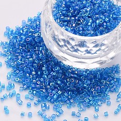 GlasZylinderförmigperlen, Perlen, transparenten Farben Regenbogen, Rundloch, Verdeck blau, 1.5~2x1~2 mm, Bohrung: 0.8 mm, ca. 8000 Stk. / Beutel, etwa 1 Pfund / Beutel