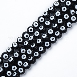 Cuisson des brins de perles de verre opaques peintes, ronde avec le mauvais œil, noir, 8x7.5mm, Trou: 1.2mm, Environ 50~52 pcs/chapelet, 14.57 pouce ~ 15.43 pouces (37~39.2 cm)