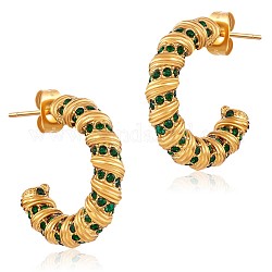 Cubic Zirconia C-shape Stud Earrings, Gold Plated 304 Stainless Steel Half Hoop Earrings for Women, Green, 22x4mm