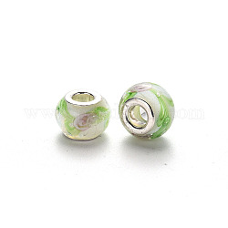 Perles européennes vernissées manuelles, perles de rondelle avec grand trou , en laiton de tonalité de platine noyaux doubles, avec motif de fleurs, floral blanc, 14~16x9~10mm, Trou: 5mm