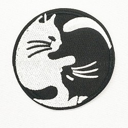 Tissu de broderie informatisé fer/coudre sur les patchs, accessoires de costumes, appliques, rond plat avec forme de chat, noir et blanc, 75mm