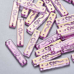 Transparent Spray Painted Glass Links connectors, with Glitter Powder, Rectangle, Medium Orchid, 30x7x3mm, Hole: 1.2mm