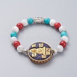 Thème bouddhiste bracelets extensibles guan yin, avec des perles indonésiennes faites à la main en laiton, howlite naturel, perles rondes synthétiques turquoise et perles en alliage de style tibétain, 2-1/8 pouce (5.5 cm)