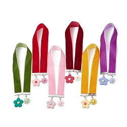 6Pcs 6 Colors Velvet Ribbon Bookmarks, Flower Opaque Resin Pendant Bookmarks , Mixed Color, 355~360x20x2mm, 1pc/color
