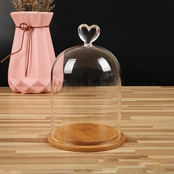 Copertura a cupola in vetro trasparente, vetrina decorativa, terrario a campanella a cloche con base in bambù, modello di cuore, 90x140mm