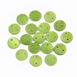 Spray Paint Freshwater Shell Links connectors, Flat Round, Yellow Green, 10x2mm, Hole: 1.4mm