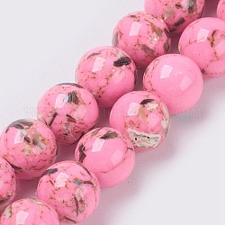 Trefoli di conchiglie di conchiglia e perline sintetiche, tondo, perla rosa, 8~9mm, Foro: 1.2 mm,circa49~50pcs/filo, 15.3~15.7 pollici (39~40 cm)