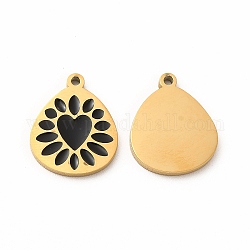 Ion Plating(IP) 304 Stainless Steel Enamel Pendants, Teadrop with Heart Pattern, Black, 15x12x1mm, Hole: 1.2mm