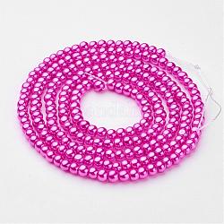 Glass Pearl Beads Strands, Round, Pearlized, Fuchsia, about 4mm in diameter, hole: 1mm. about 216pcs/strand, 32inch