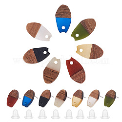 Craftdady 14 paires 7 couleurs résine et bois de noyer clous d'oreilles, avec 304 épingles en acier inoxydable et 30 poussoirs d'oreilles en plastique, ovale, couleur mixte, 16x9mm, Trou: 1.8mm, pin: 0.7 mm, 2 paires / couleur