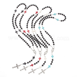 Collana con perle rosario in turchese sintetico e legno, collana con ciondolo croce in lega e vergine Maria per la religione, colore misto, 25.98 pollice (66 cm)