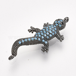 Connecteurs de liaisons en zircone cubique micro pavé en laiton, gecko, bleu ciel, gunmetal, 31.5x14x4.5mm, Trou: 1.2mm