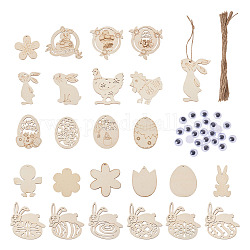 Holzausschnitte Ornamente, mit Juteschnur, Ostern hängende Dekorationen, für Partygeschenk Dekoration, Blume mit Ei und Wort glücklich Ostern, rauchig, 79x79.5x2.5 mm, 2 Stück