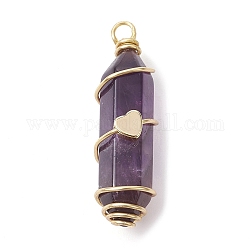 Natural Amethyst Copper Wire Wrapped Pointed Pendants, Faceted Bullet Charms with Golden Tone Brass Heart Beads, 34.5~37x10.5x12mm, Hole: 2.7mm