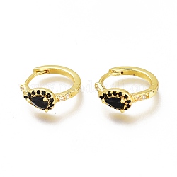 Brass Micro Pave Cubic Zirconia Huggie Hoop Earrings, Long-Lasting Plated, Ring with Teardrop, Golden, Black, 14x16x2mm, Pin: 1x0.7mm